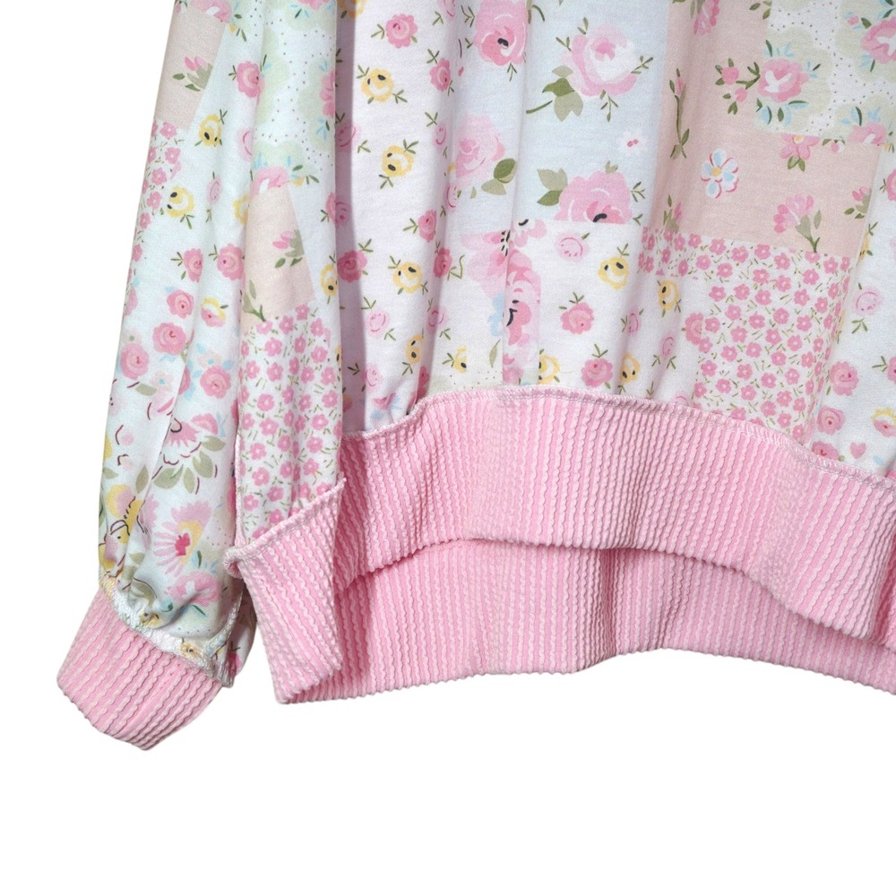 Haptics Oversized Floral Gingham Patchwork Sweatshirt Pink Waffle Back Small NEW - Picture 3 of 6